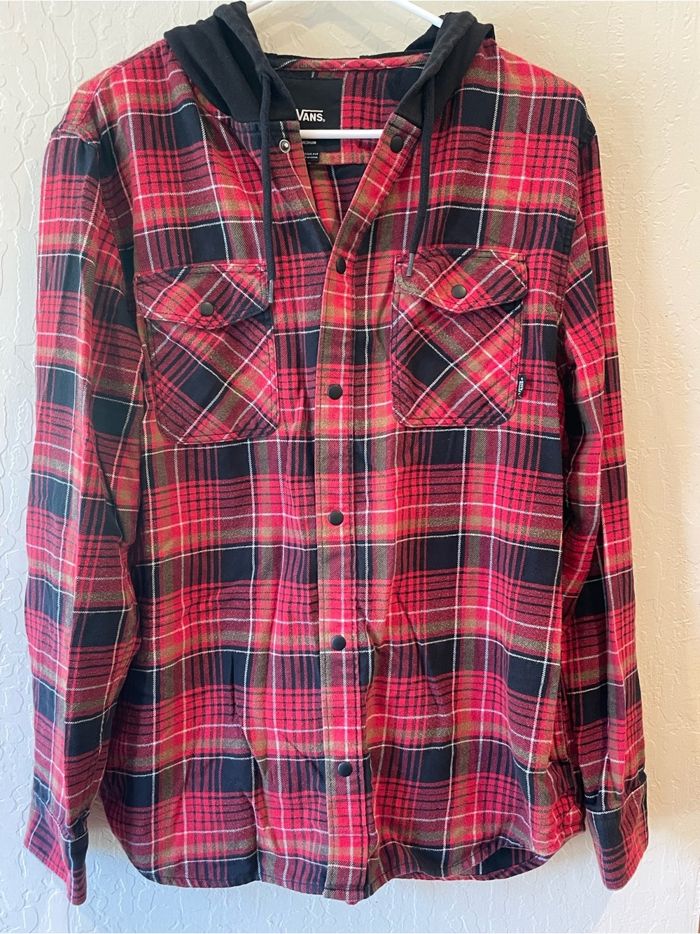 Vans Red and Black Plaid Hooded Snap Button-Down Shirt